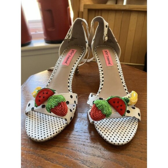 Betsey Johnson JORDAN Moody Fruit Embellished Polka Dot Heeled Sandals - Picture 1 of 8